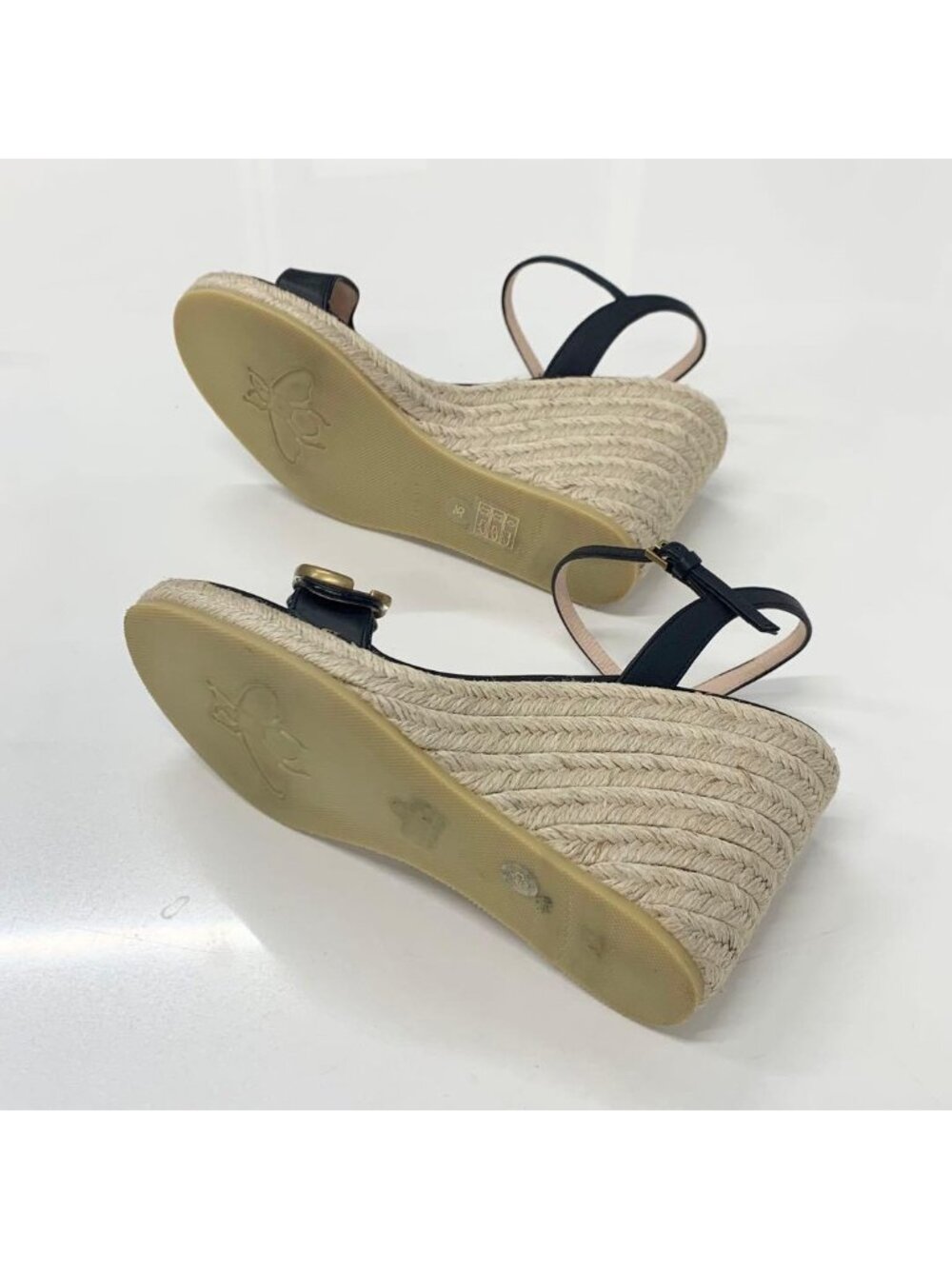 Gucci Leather Double G Wedge Sole Espadrille Sandals Black - Picture 8 of 11